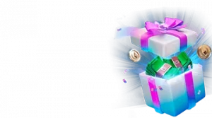 Изображение светящейся подарочной коробки, из которой вылетают деньги и монеты, рекламирующее бонус на день рождения от Leon в ярких цветах и праздничной атмосфере.